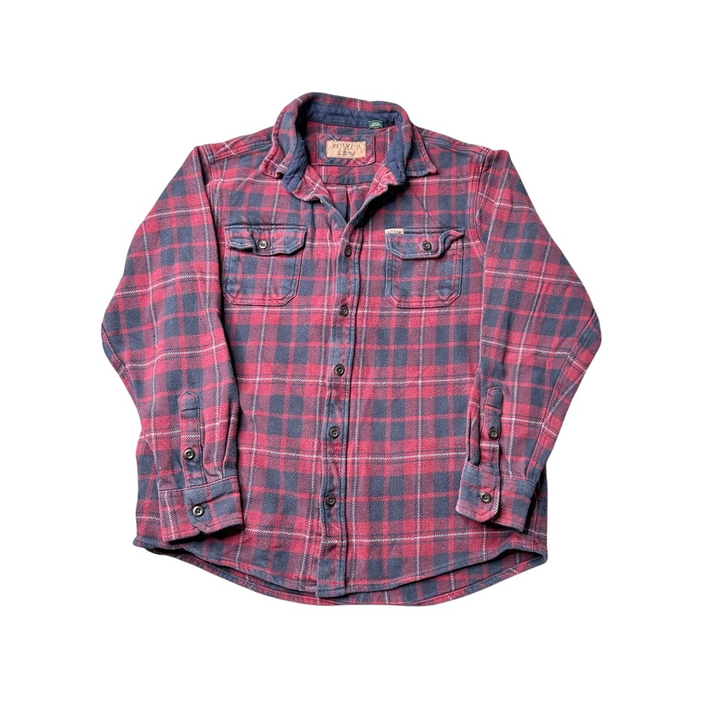 Orvis‎ Mens Red Navy Blue Plaid Flannel Shirt Jacket Fleece Collar Medium 0183
